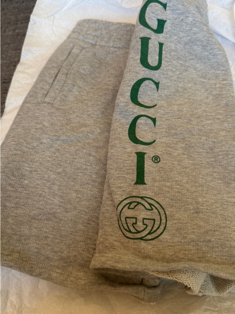 Gucci Gray Sweatshorts with Green Logo Print